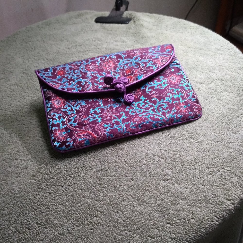 Violet floral designer clutch type handbag